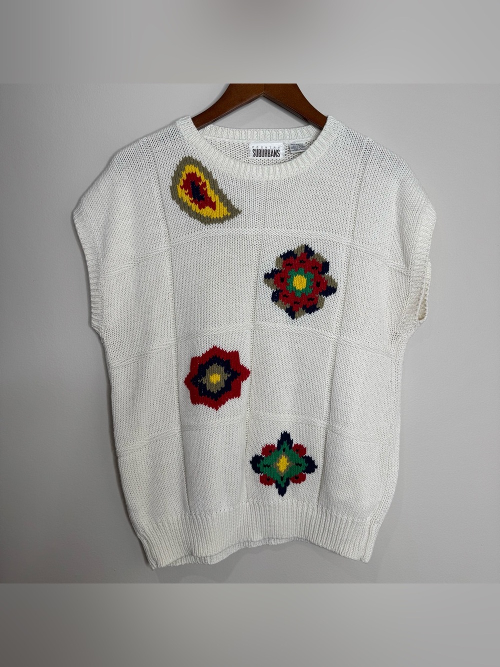 Vintage 90s Country Suburbans Granny Square Knit Sweater Vest Top Large Cottage